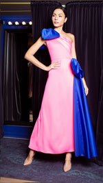 Load image into Gallery viewer, Front Pleat Long Gown with Detachable Bows - Neon Pink Crepe
