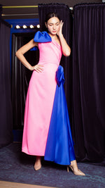 Load image into Gallery viewer, Front Pleat Long Gown with Detachable Bows - Neon Pink Crepe
