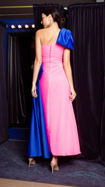 Load image into Gallery viewer, Front Pleat Long Gown with Detachable Bows - Neon Pink Crepe
