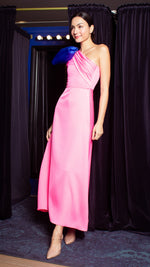 Load image into Gallery viewer, Front Pleat Long Gown with Detachable Bows - Neon Pink Crepe
