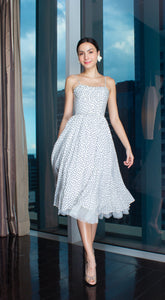 Spaghetti Strap Pleated Pleated Bust Polka Dot Balloon Midi Dress