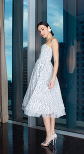 Spaghetti Strap Pleated Pleated Bust Polka Dot Balloon Midi Dress