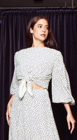 Load image into Gallery viewer, Puff Sleeve Wrap Top - White-Based Polka Dot
