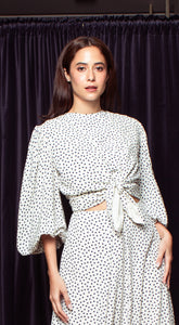 Puff Sleeve Wrap Top - White-Based Polka Dot