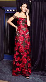 Load image into Gallery viewer, See Through Floor Length Dress - Red and Black Heavy Lace
