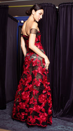 Load image into Gallery viewer, See Through Floor Length Dress - Red and Black Heavy Lace
