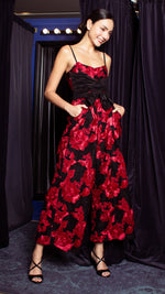 Load image into Gallery viewer, Double Front E-Pleat Ribbon Wide Hem Jumpsuit - Red and Black Heavy Lace
