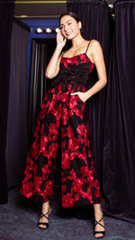 Load image into Gallery viewer, Double Front E-Pleat Ribbon Wide Hem Jumpsuit - Red and Black Heavy Lace
