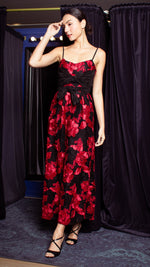 Load image into Gallery viewer, Double Front E-Pleat Ribbon Wide Hem Jumpsuit - Red and Black Heavy Lace
