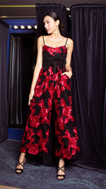 Load image into Gallery viewer, Double Front E-Pleat Ribbon Wide Hem Jumpsuit - Red and Black Heavy Lace
