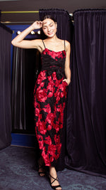 Load image into Gallery viewer, Double Front E-Pleat Ribbon Wide Hem Jumpsuit - Red and Black Heavy Lace
