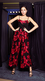 Load image into Gallery viewer, Double Front E-Pleat Ribbon Wide Hem Jumpsuit - Red and Black Heavy Lace
