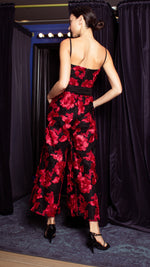 Load image into Gallery viewer, Double Front E-Pleat Ribbon Wide Hem Jumpsuit - Red and Black Heavy Lace
