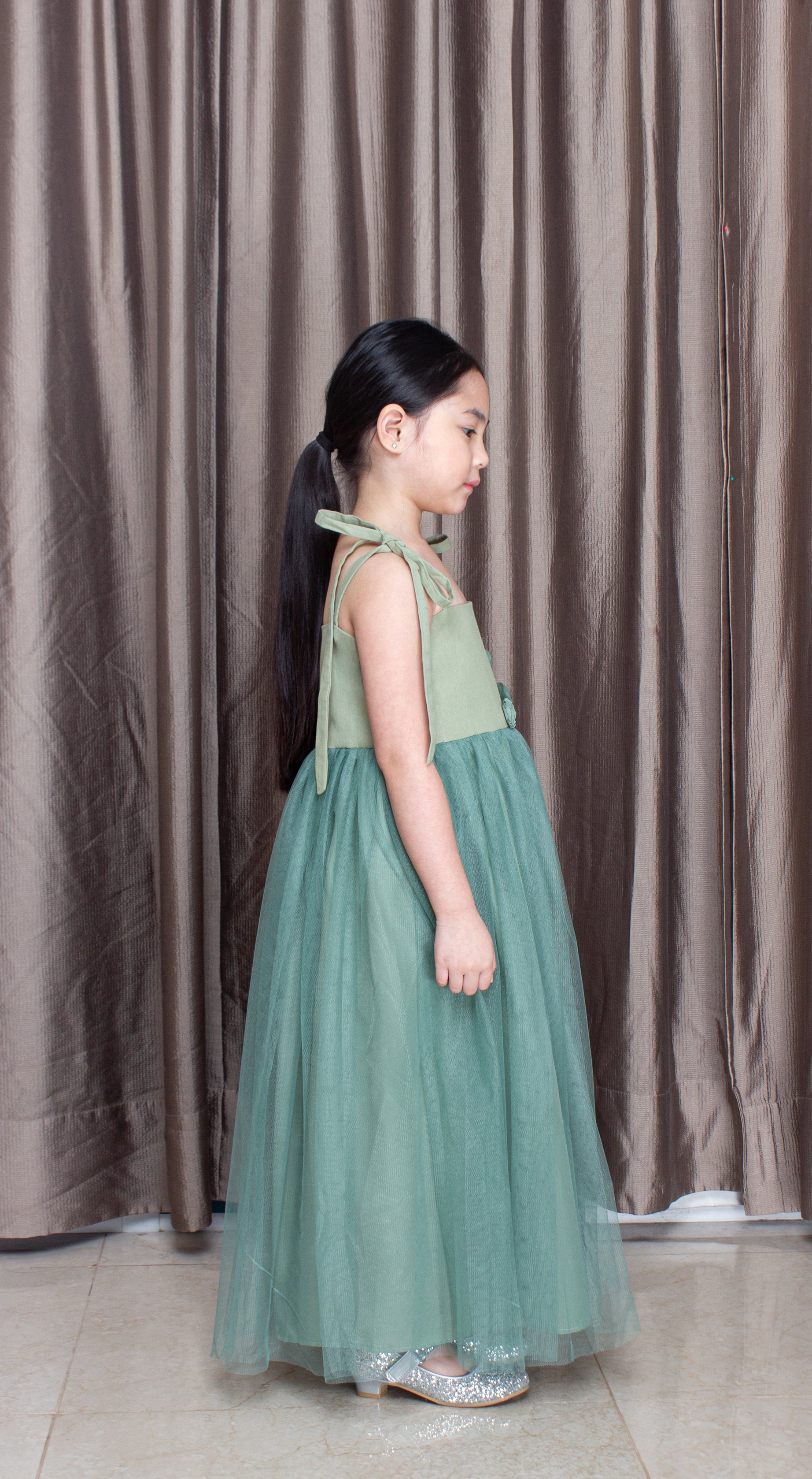 Ribbon-Strap Open Ended Square Neckline Linen Maxi Tulle Dress with Floret Details in Sage