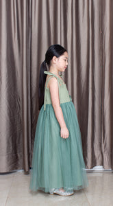 Ribbon-Strap Open Ended Square Neckline Linen Maxi Tulle Dress with Floret Details in Sage