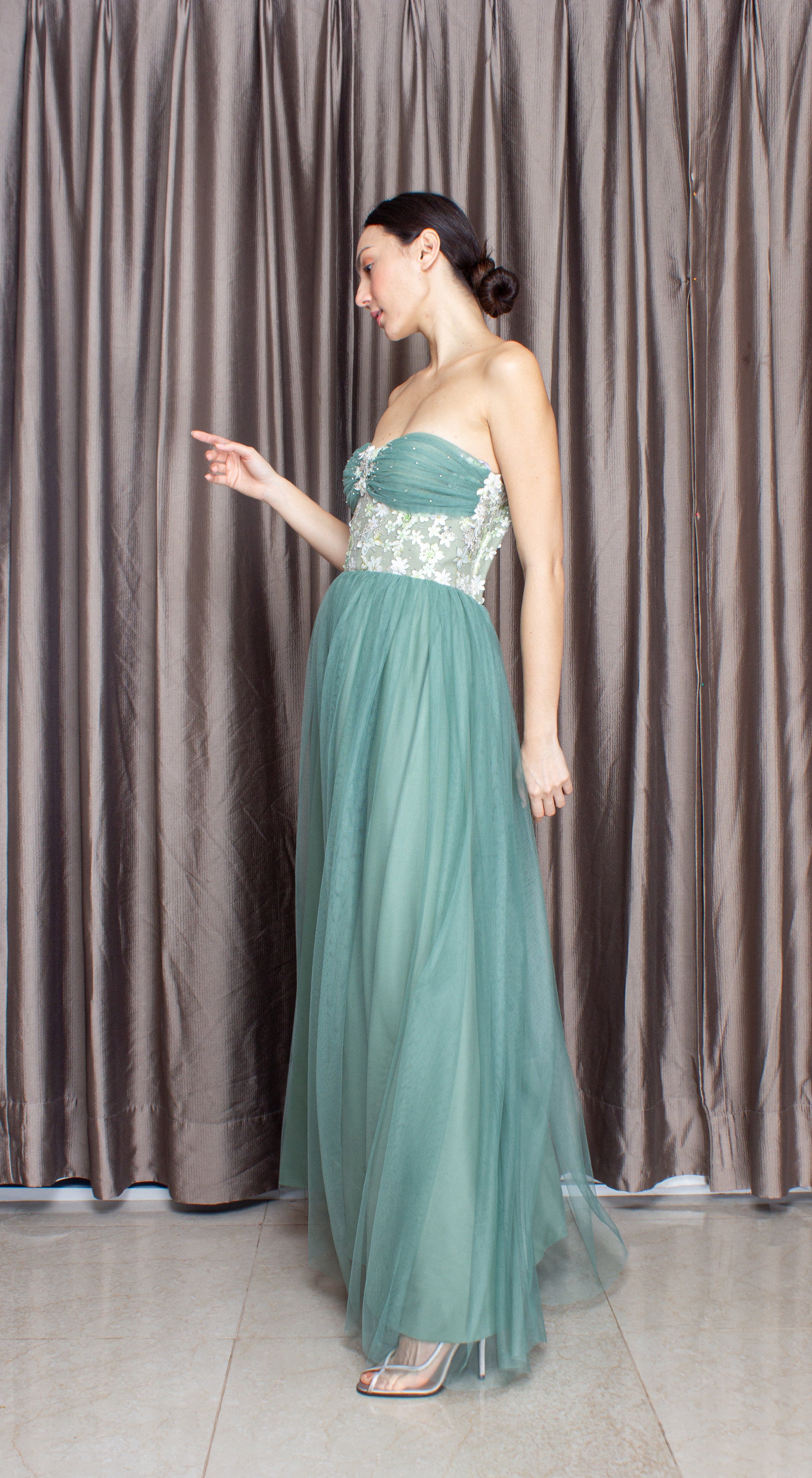 Sage Lace with Beads Corset Tulle Gown