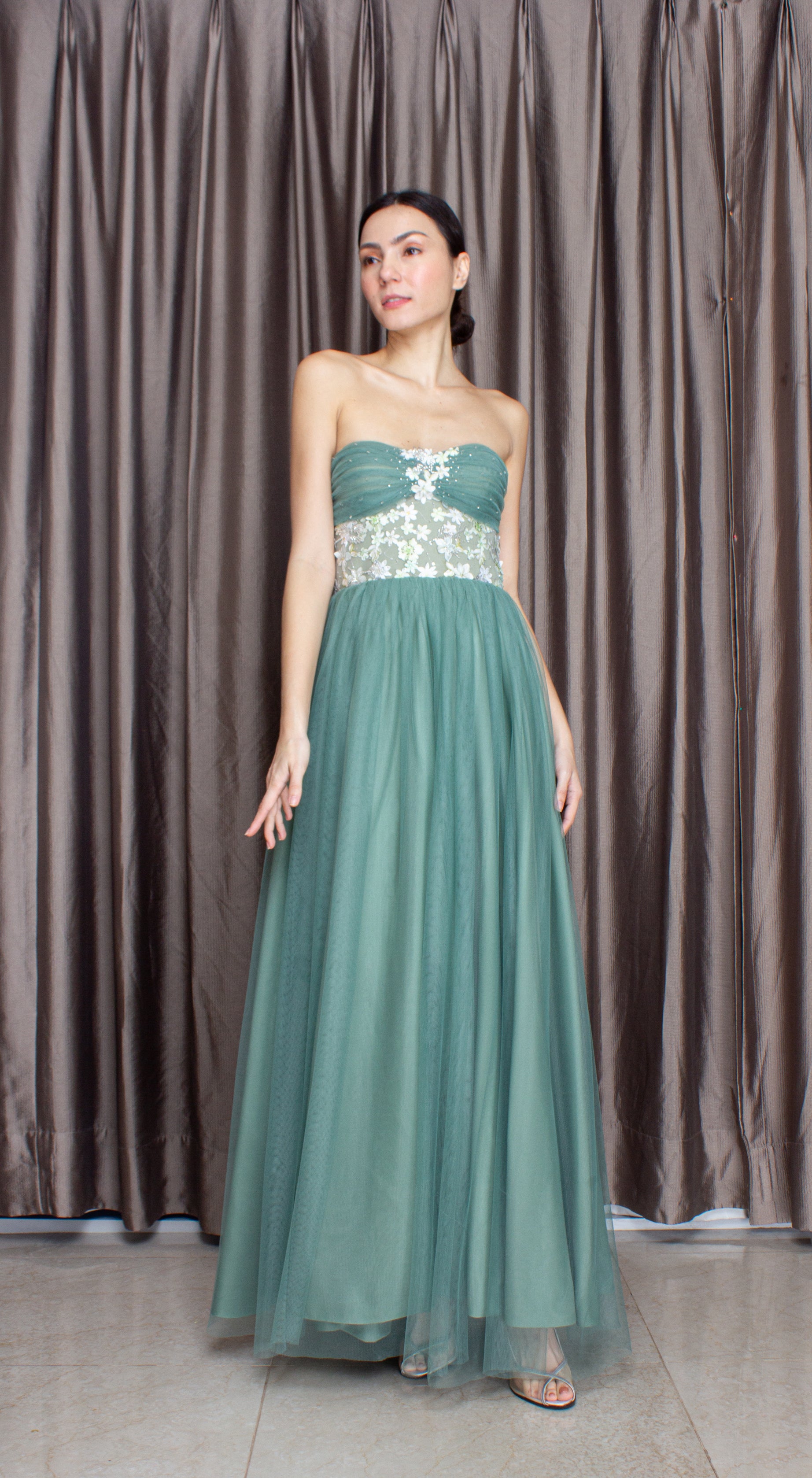 Sage Lace with Beads Corset Tulle Gown