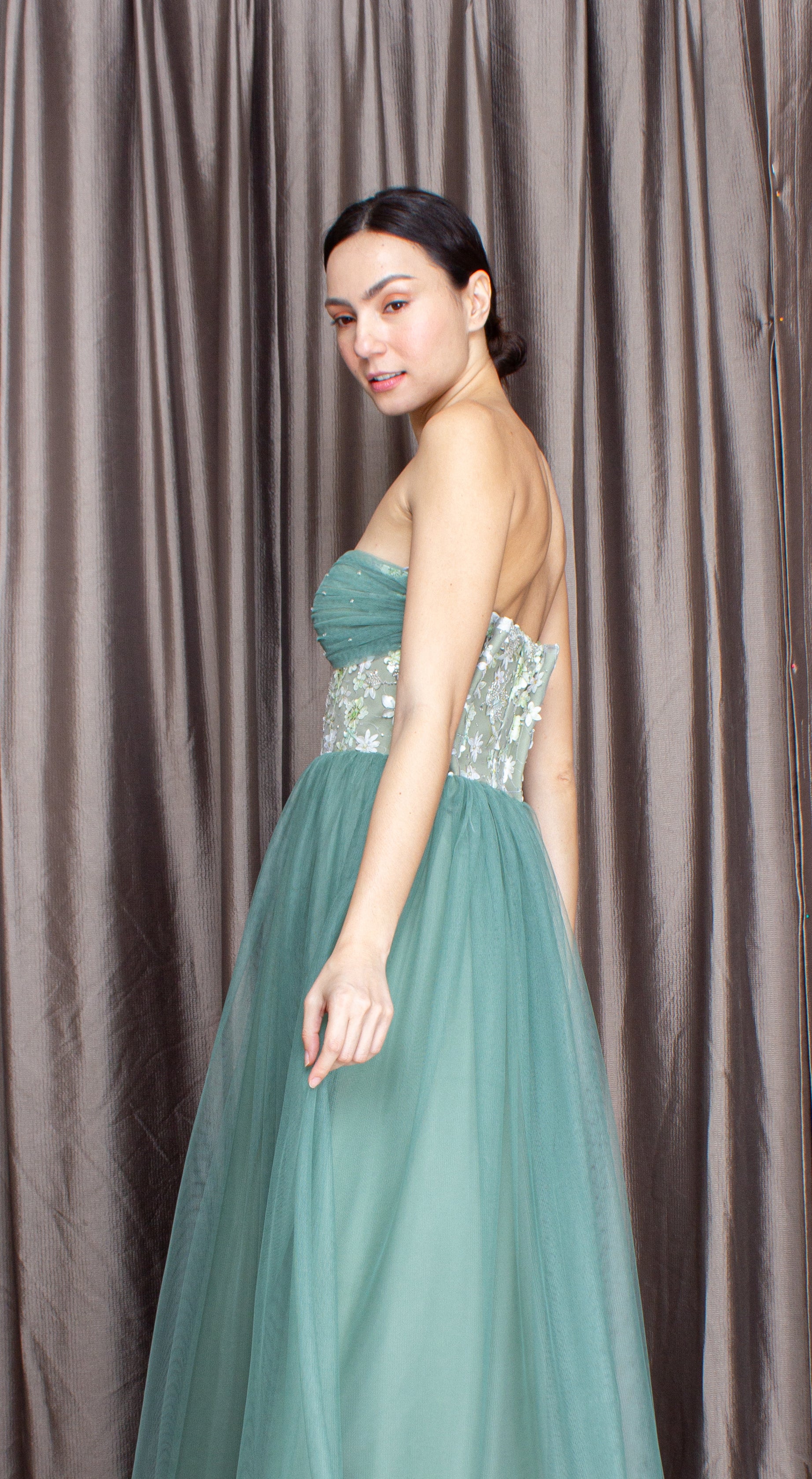 Sage Lace with Beads Corset Tulle Gown