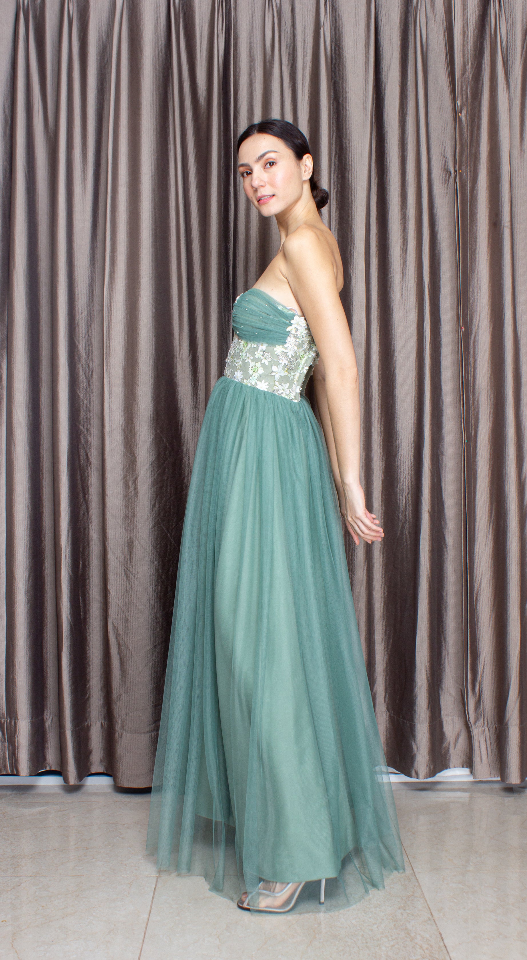 Sage Lace with Beads Corset Tulle Gown