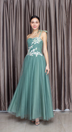 Load image into Gallery viewer, Sage Lace with Beads One Strap Ribbon Tulle Gown
