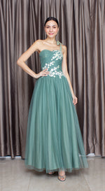 Load image into Gallery viewer, Sage Lace with Beads One Strap Ribbon Tulle Gown
