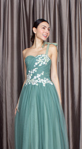 Sage Lace with Beads One Strap Ribbon Tulle Gown