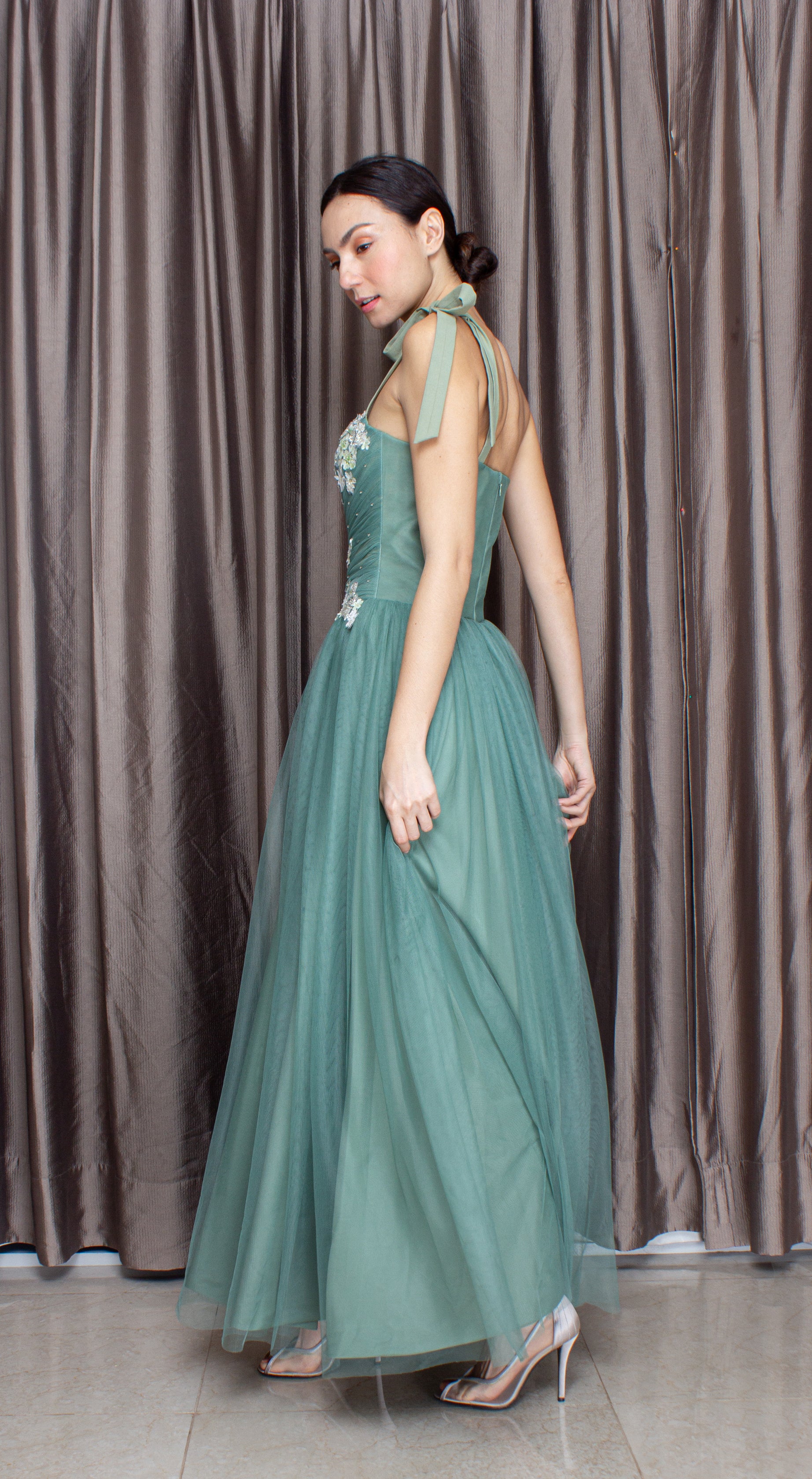 Sage Lace with Beads One Strap Ribbon Tulle Gown