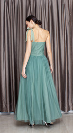 Load image into Gallery viewer, Sage Lace with Beads One Strap Ribbon Tulle Gown
