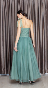 Sage Lace with Beads One Strap Ribbon Tulle Gown