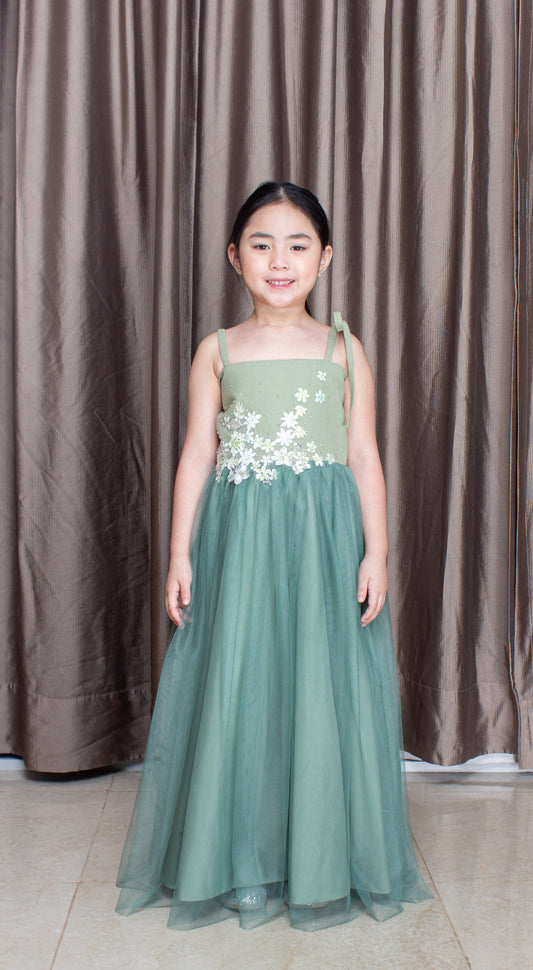 Sage Lace with Beads and 1-Ribbon Strap Tulle Dress