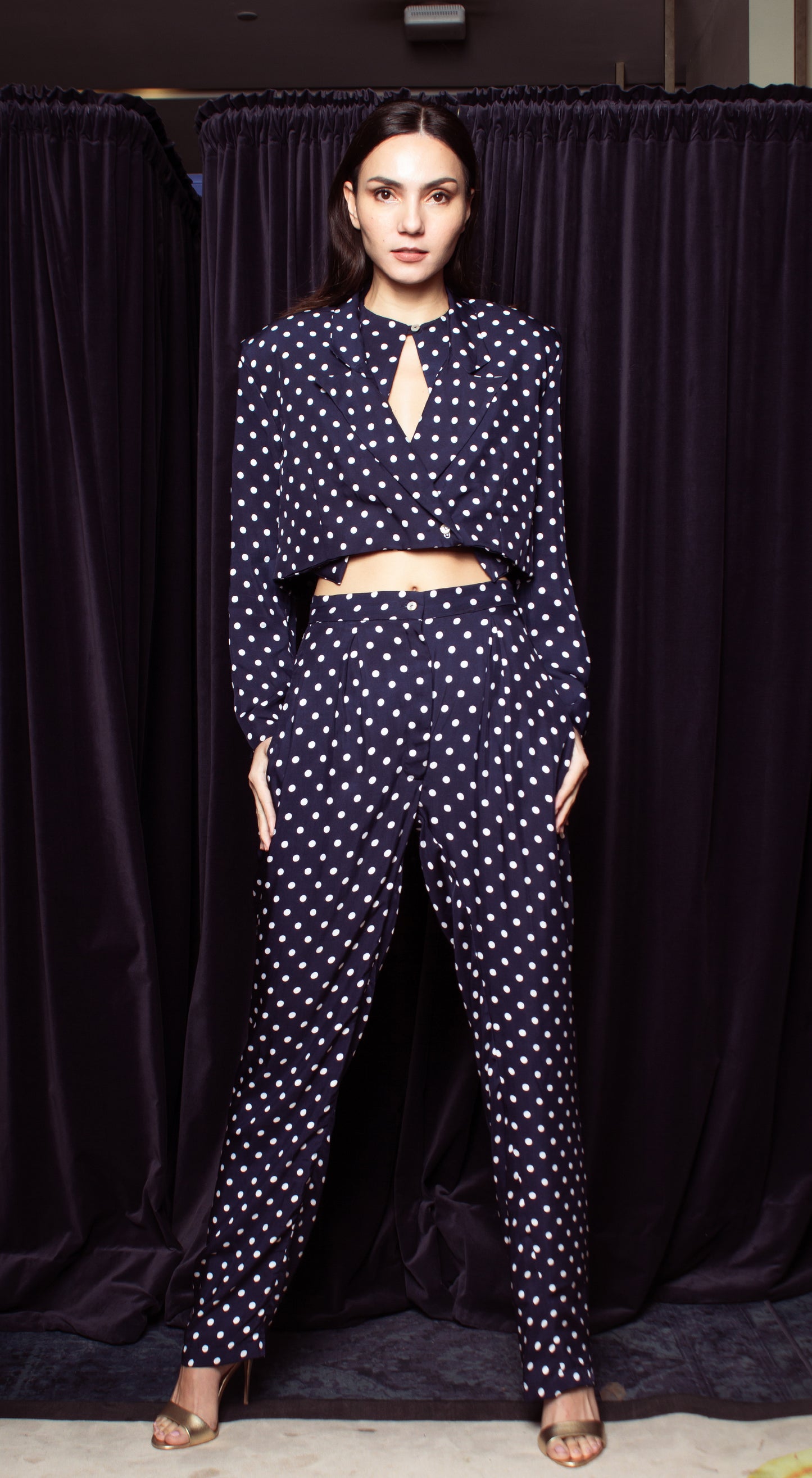 Front Pleated Tapered Pants - Blue-Based Polka Dot