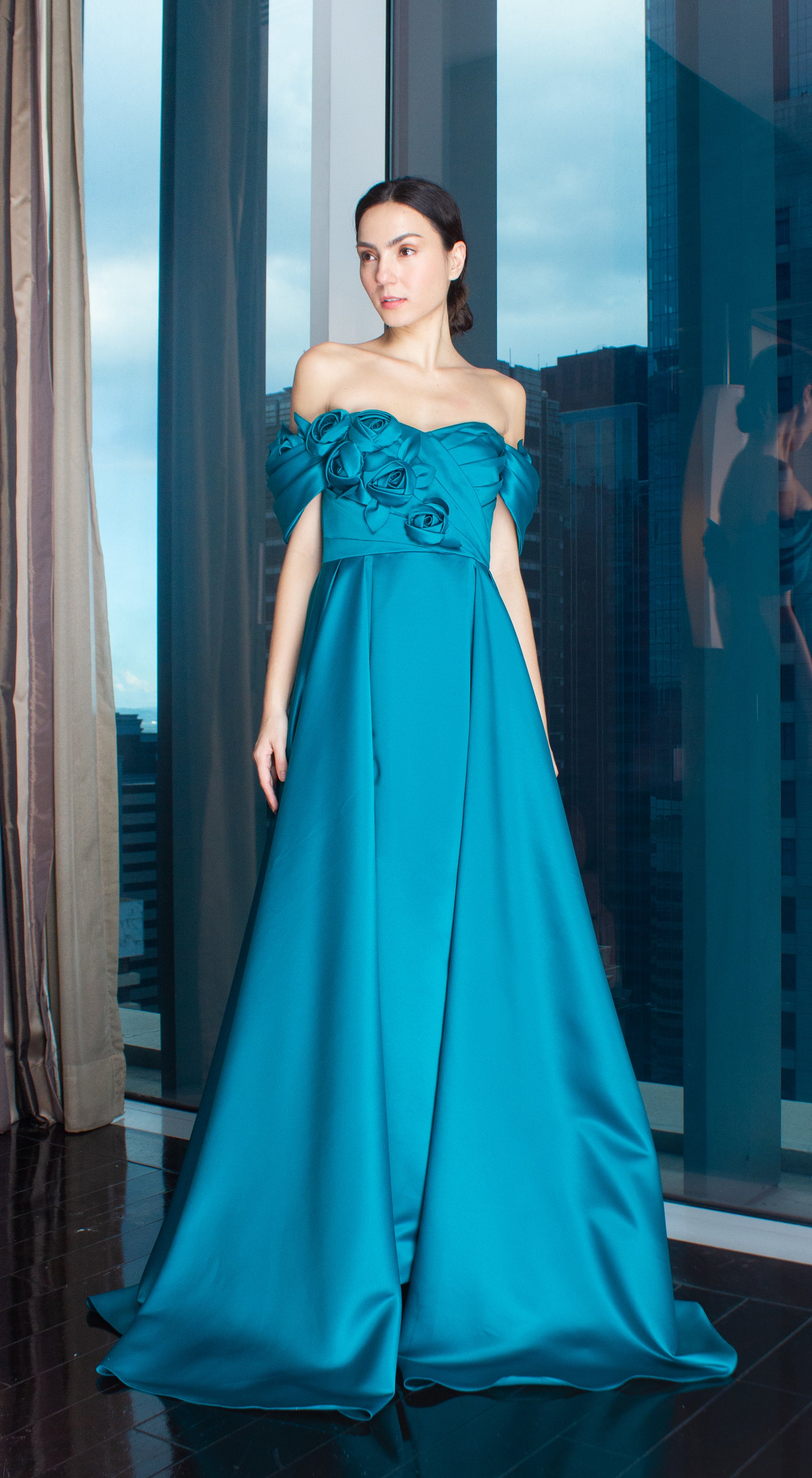 Teal Blue Florette Front and Off-Shoulder Pleated Gown with Overlay Skirt