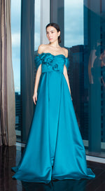 Load image into Gallery viewer, Teal Blue Florette Front and Off-Shoulder Pleated Gown with Overlay Skirt
