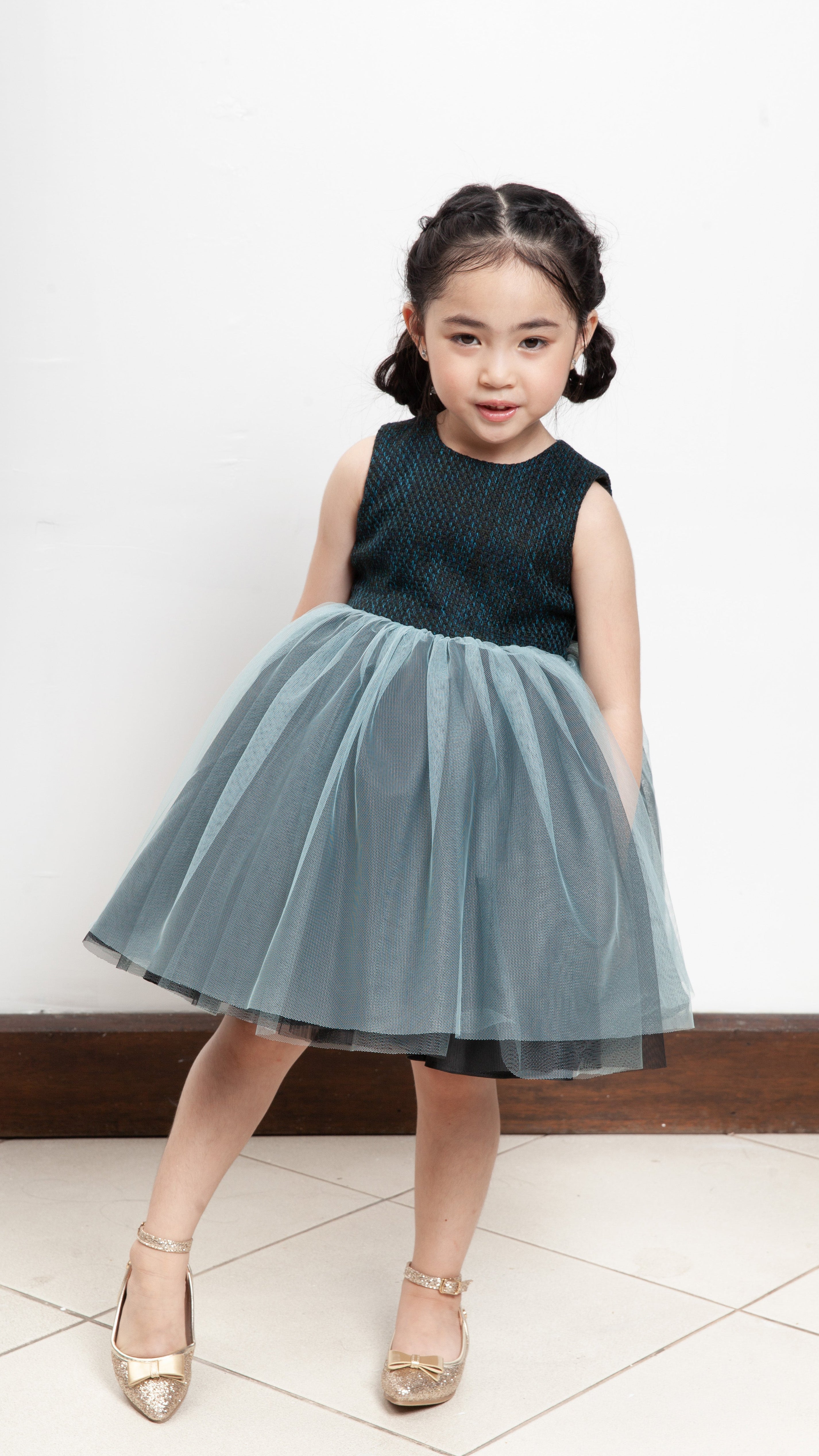 Sleeveless Midi Tulle Dress - Teal Tweed