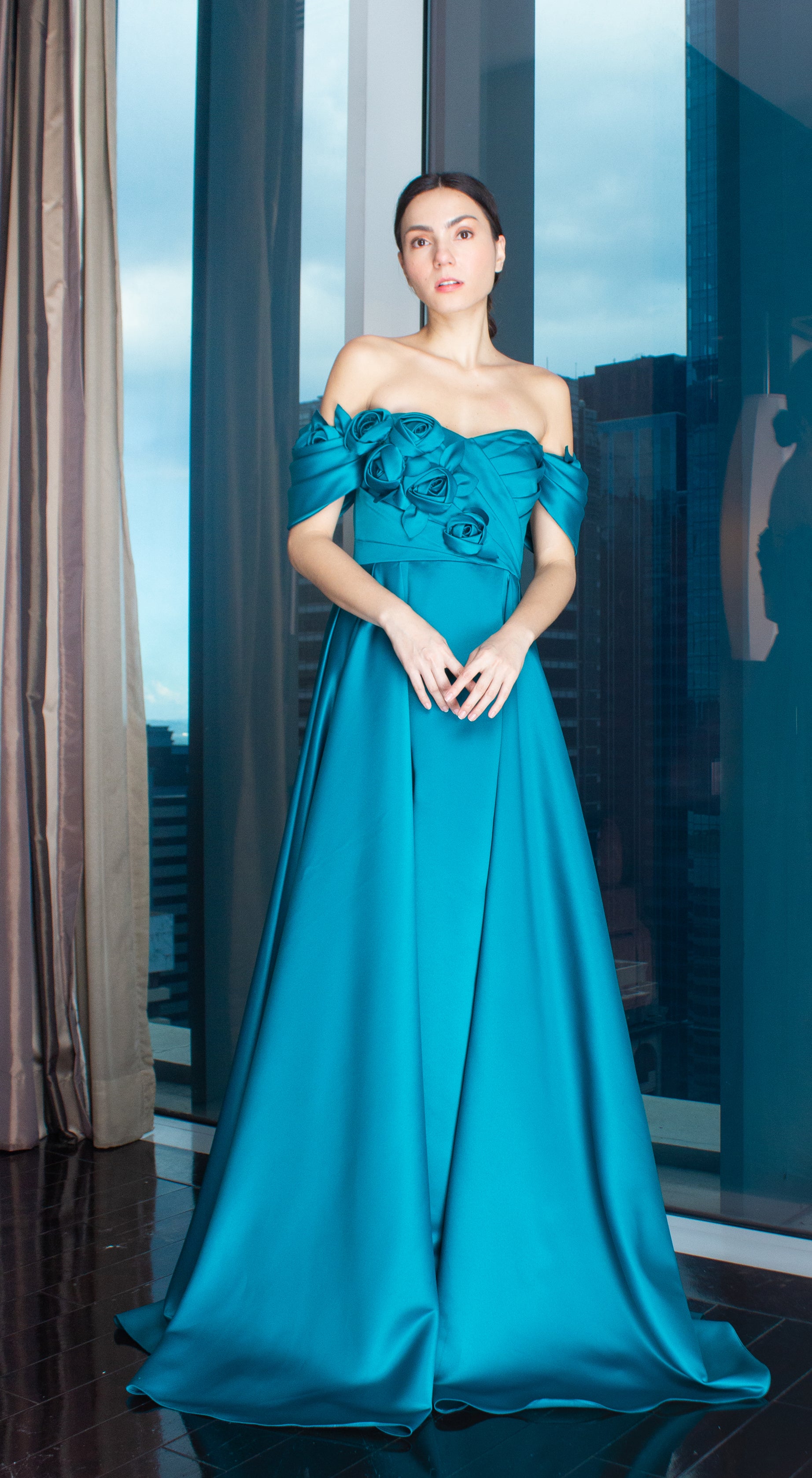 Teal Blue Florette Front and Off-Shoulder Pleated Gown with Overlay Skirt