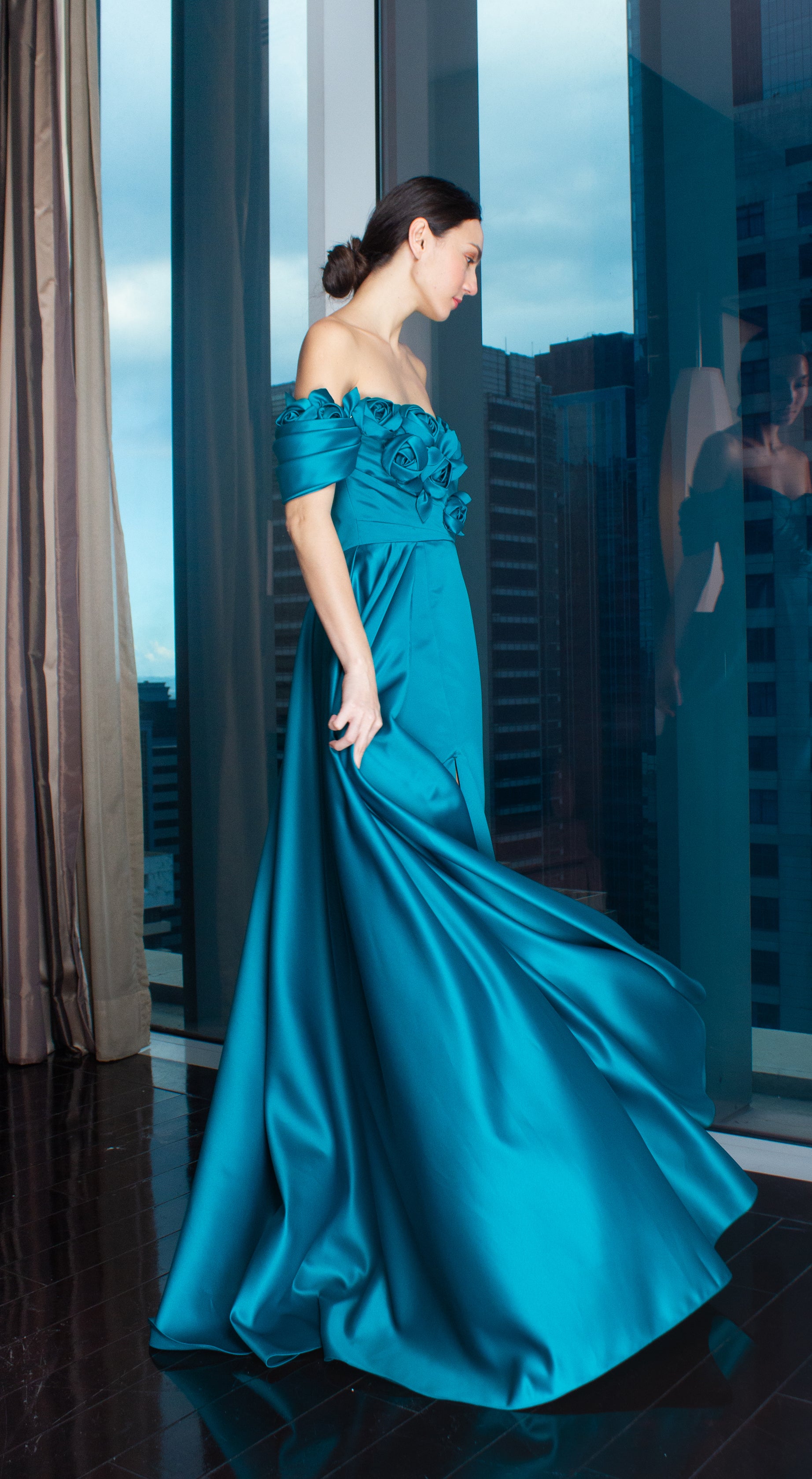 Teal Blue Florette Front and Off-Shoulder Pleated Gown with Overlay Skirt