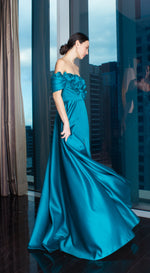 Load image into Gallery viewer, Teal Blue Florette Front and Off-Shoulder Pleated Gown with Overlay Skirt
