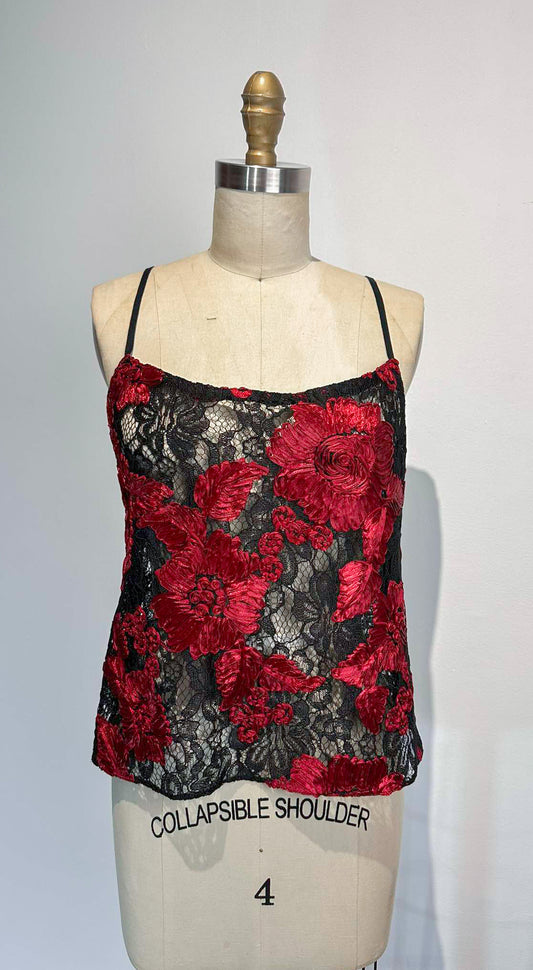 Red and Black Heavy Lace Spaghetti Strap Round Neckline Top