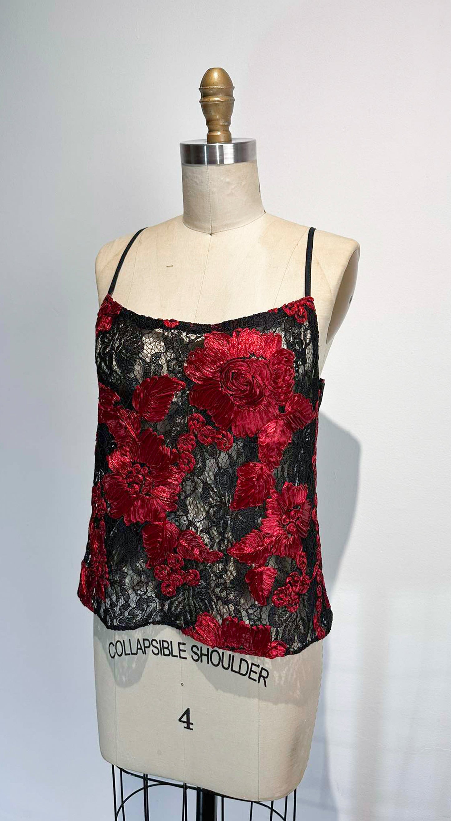 Red and Black Heavy Lace Spaghetti Strap Round Neckline Top