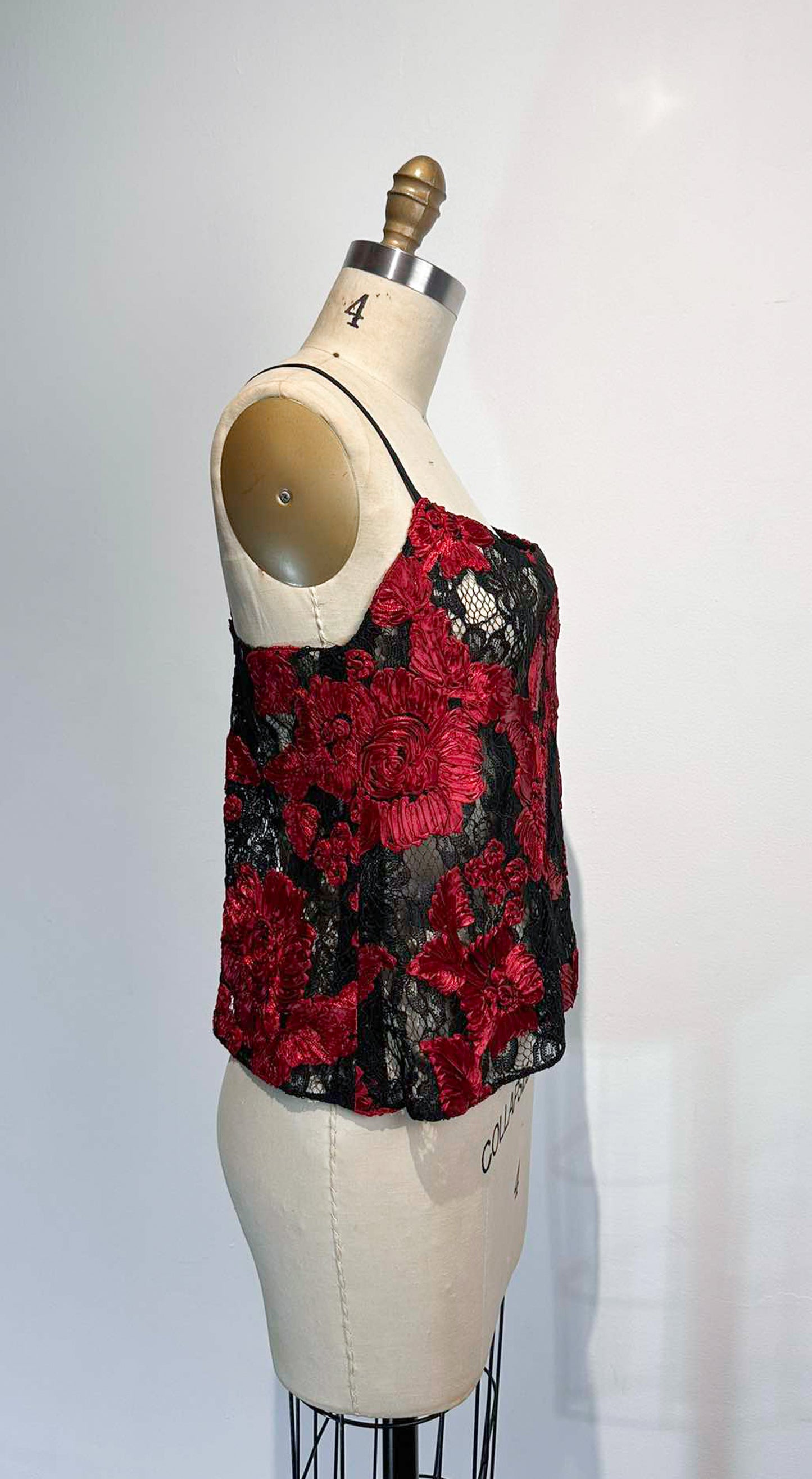 Red and Black Heavy Lace Spaghetti Strap Round Neckline Top