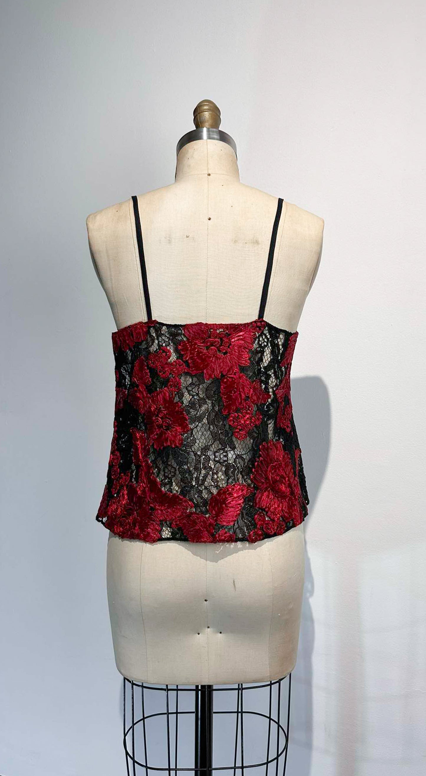 Red and Black Heavy Lace Spaghetti Strap Round Neckline Top