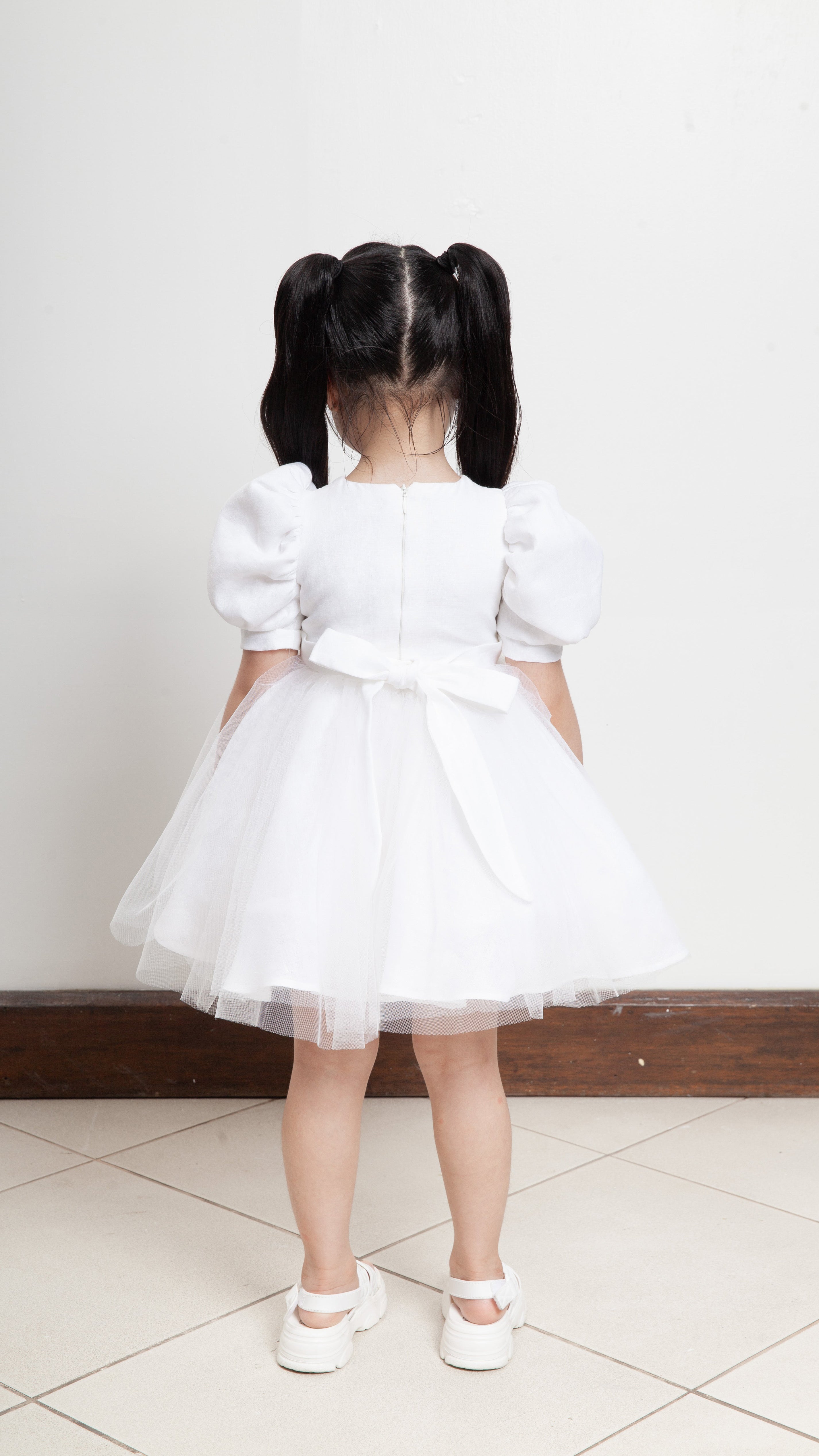 Puff Sleeve Midi Tulle Dress - White Linen