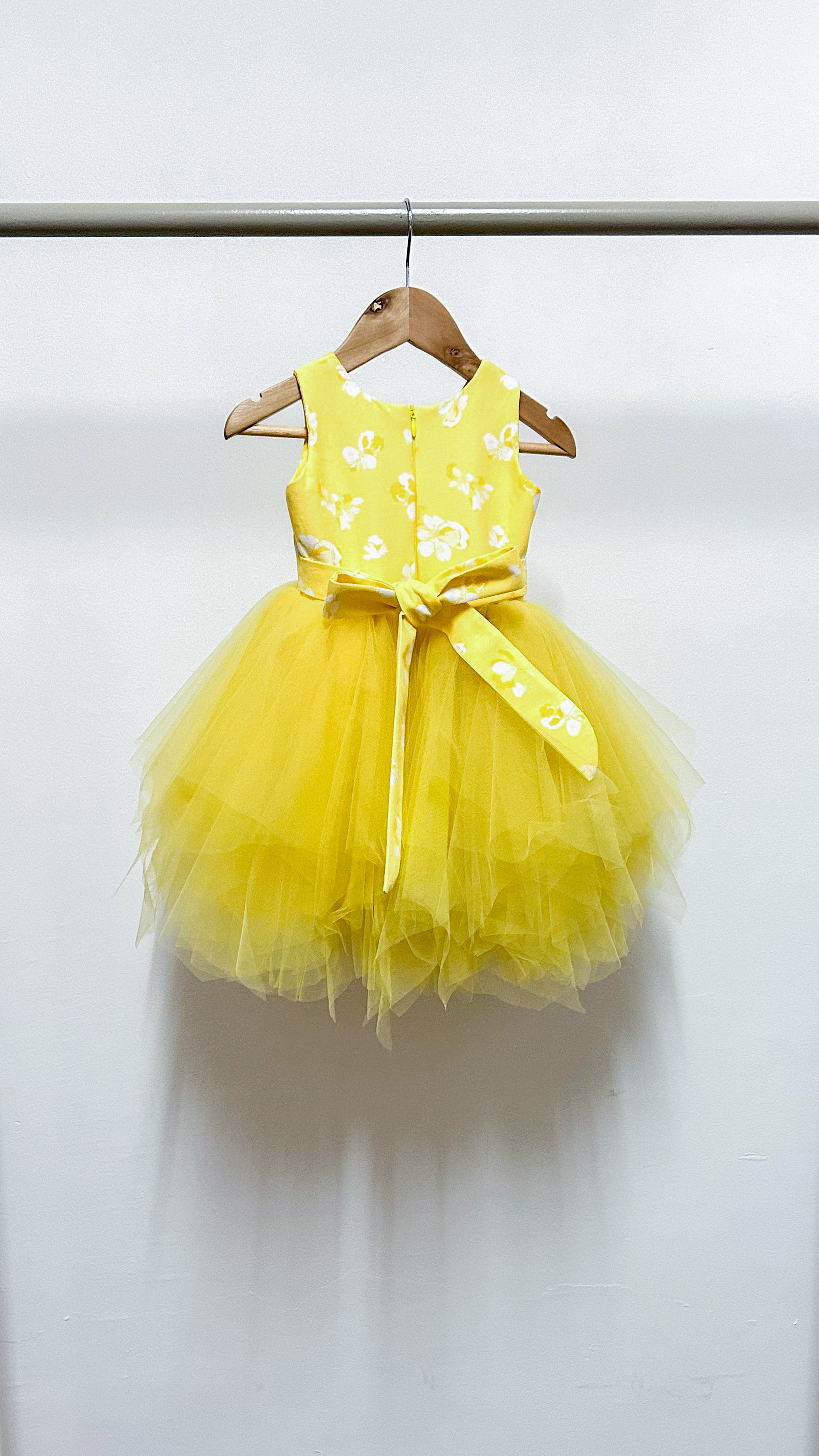 Sleeveless Midi Uneven Hem Tulle Dress - Yellow Floral Cotton