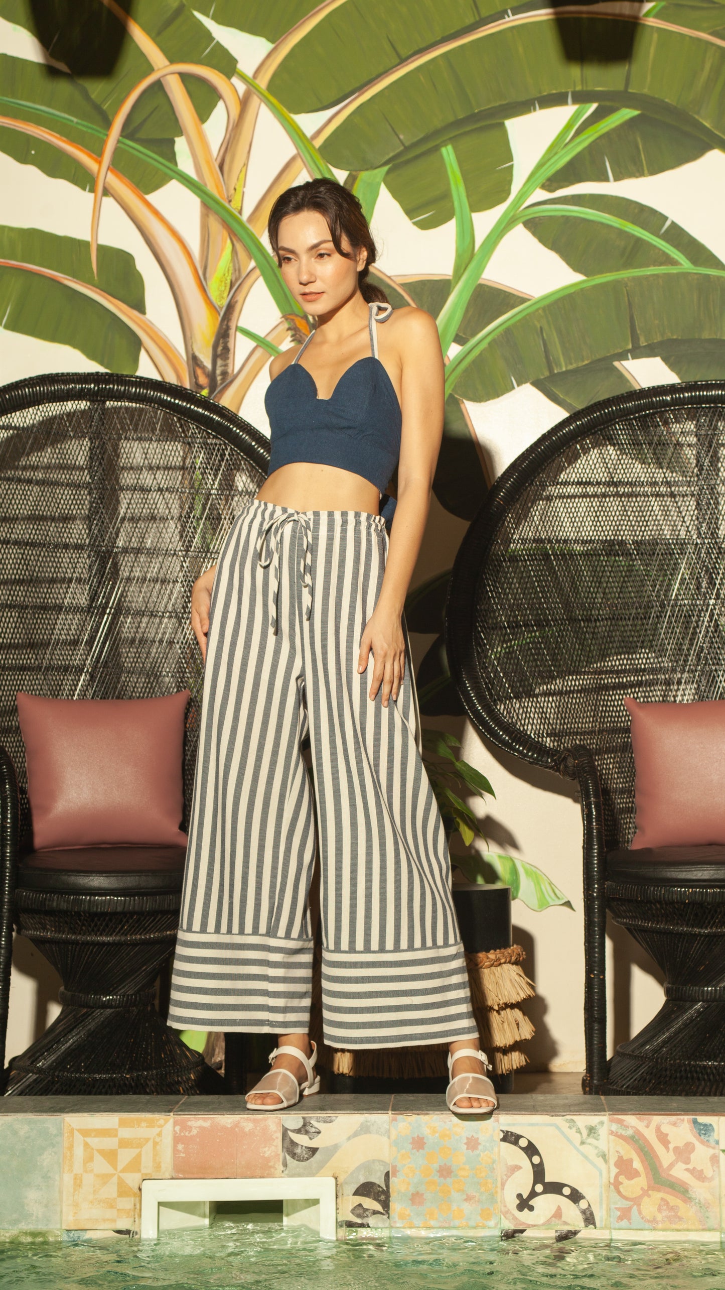 String Pants - Mix Blue Stripe Print