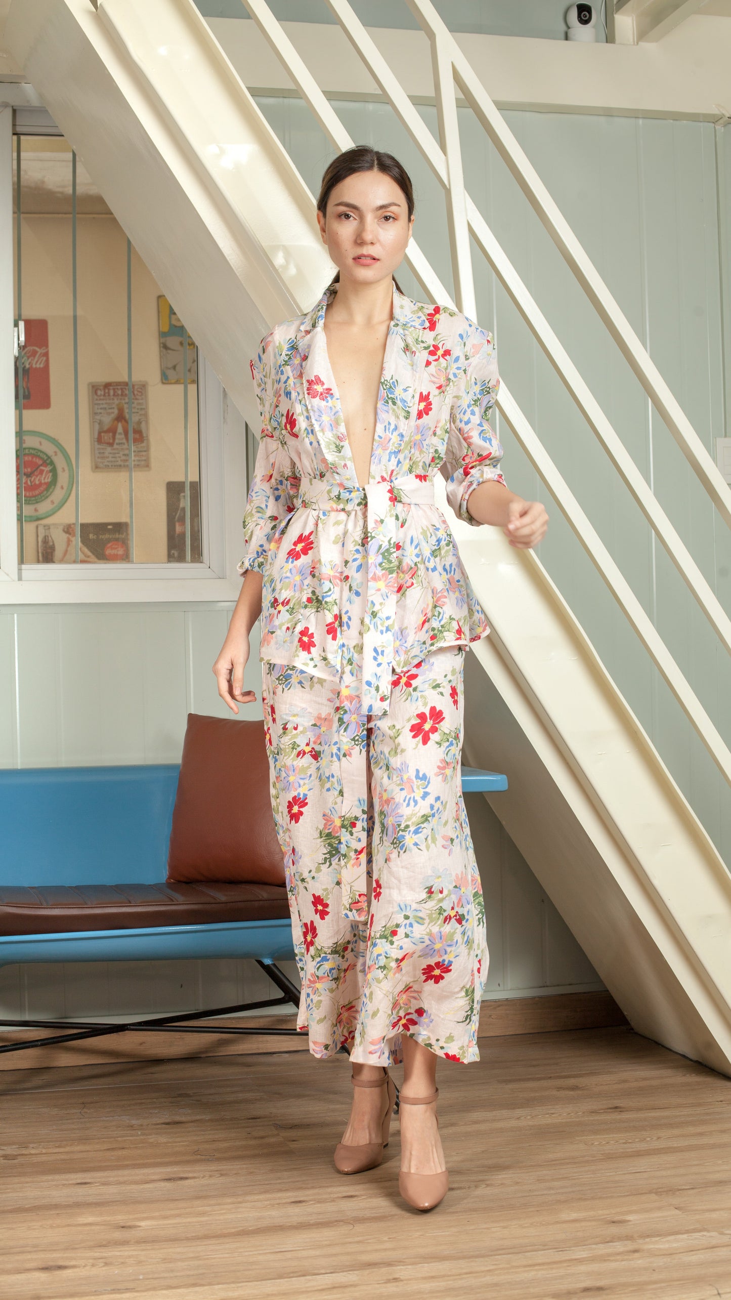 Single Button Flat Waistband Back Elastic Wide Hem Pants — Pink Floral