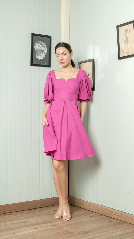 Sweetheart V Cutout Puff Sleeve Doll Dress — Magenta