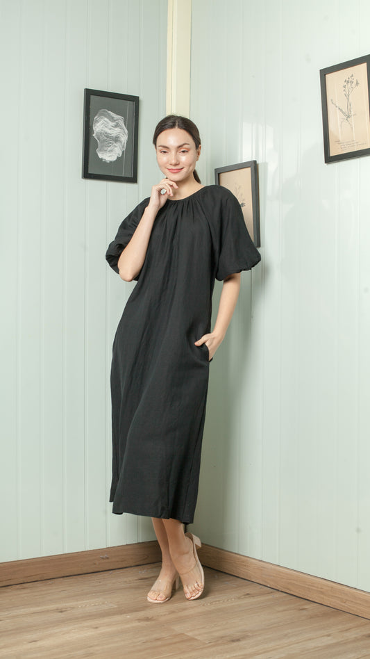 Shirred Neckline Detail Mushroom Sleeve Midi Dress — Black
