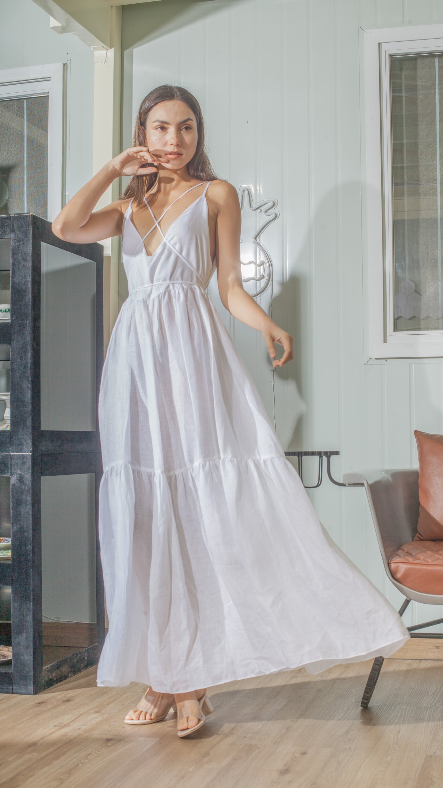 Double Strap V-Neckline Long Dress in White Linen