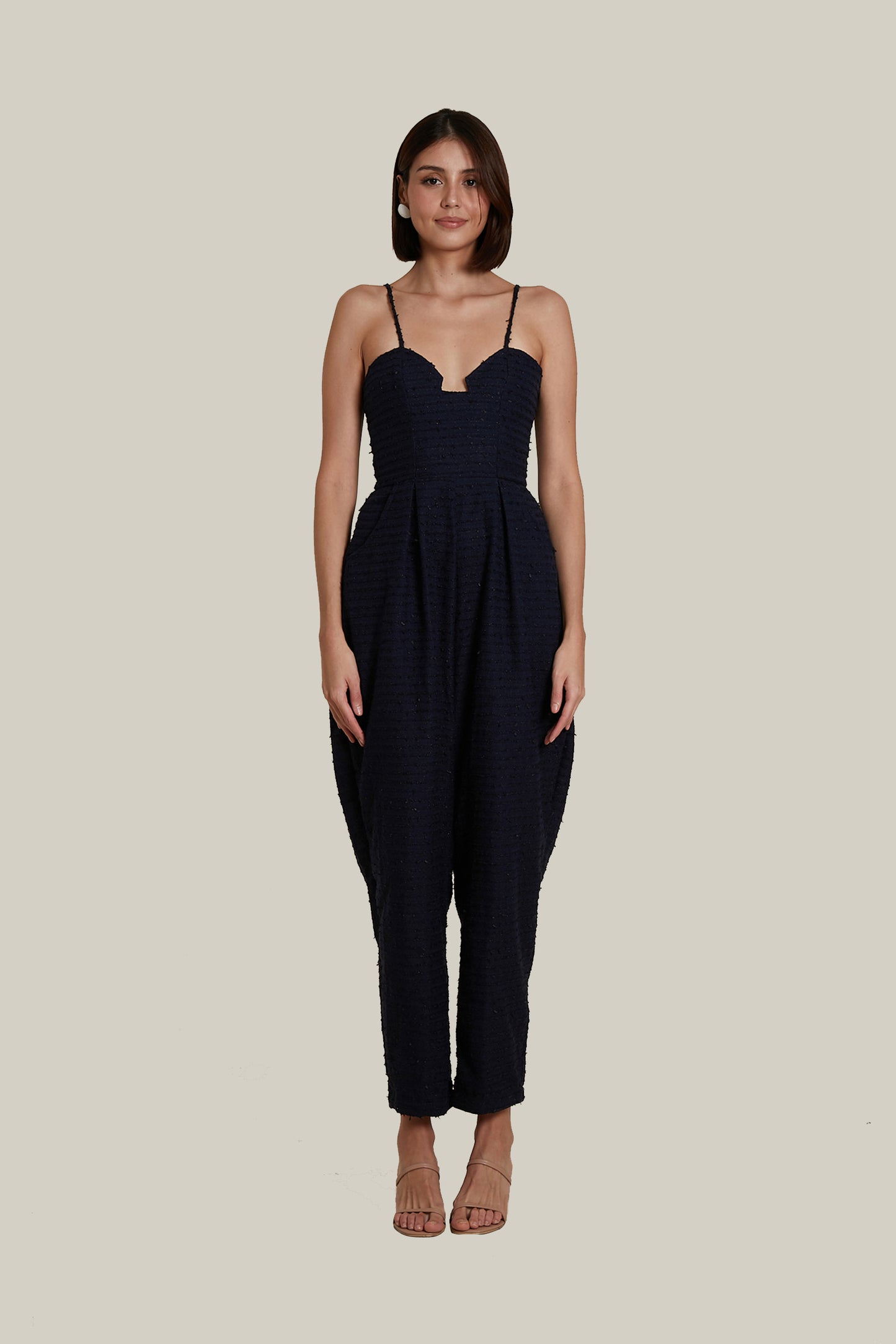 Sweetheart Baggy Jumpsuit in Dark Blue Tweed