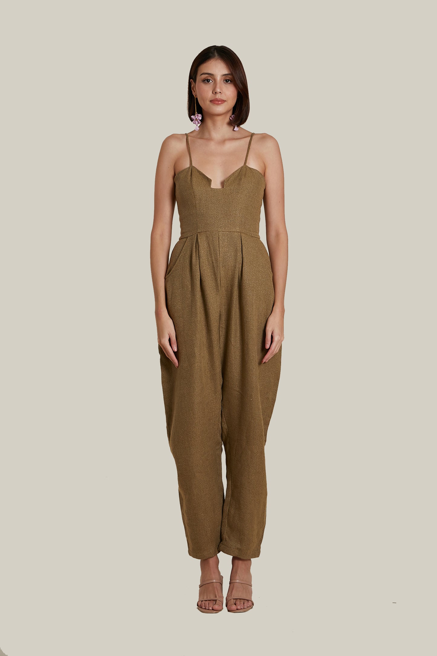 Sweetheart Baggy Jumpsuit in Brown Thick Woven Linen